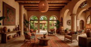 Interior de un lobby hotelero moderno con vegetación natural, mobiliario modular y paleta de colores cálidos, alineado a las tendencias de diseño 2025.