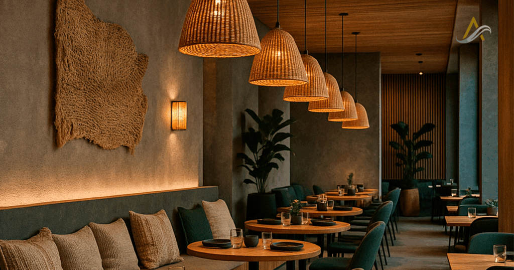 Diseño interior de espacio comercial moderno en zona turística, con materiales naturales y distribución estratégica pensada para la experiencia del cliente.