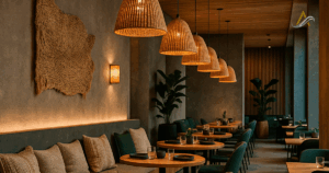 Diseño interior de espacio comercial moderno en zona turística, con materiales naturales y distribución estratégica pensada para la experiencia del cliente.
