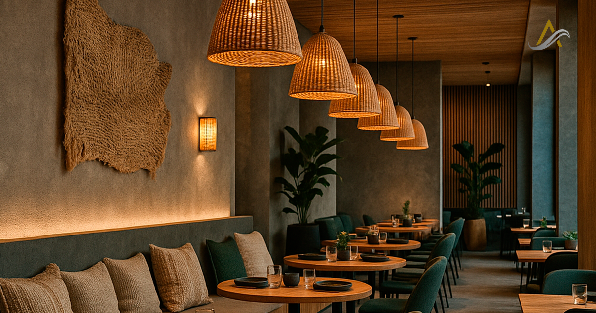 Diseño interior de espacio comercial moderno en zona turística, con materiales naturales y distribución estratégica pensada para la experiencia del cliente.