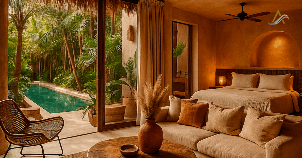 Interior de propiedad en renta vacacional decorada con materiales naturales, iluminación cálida y elementos de diseño local.