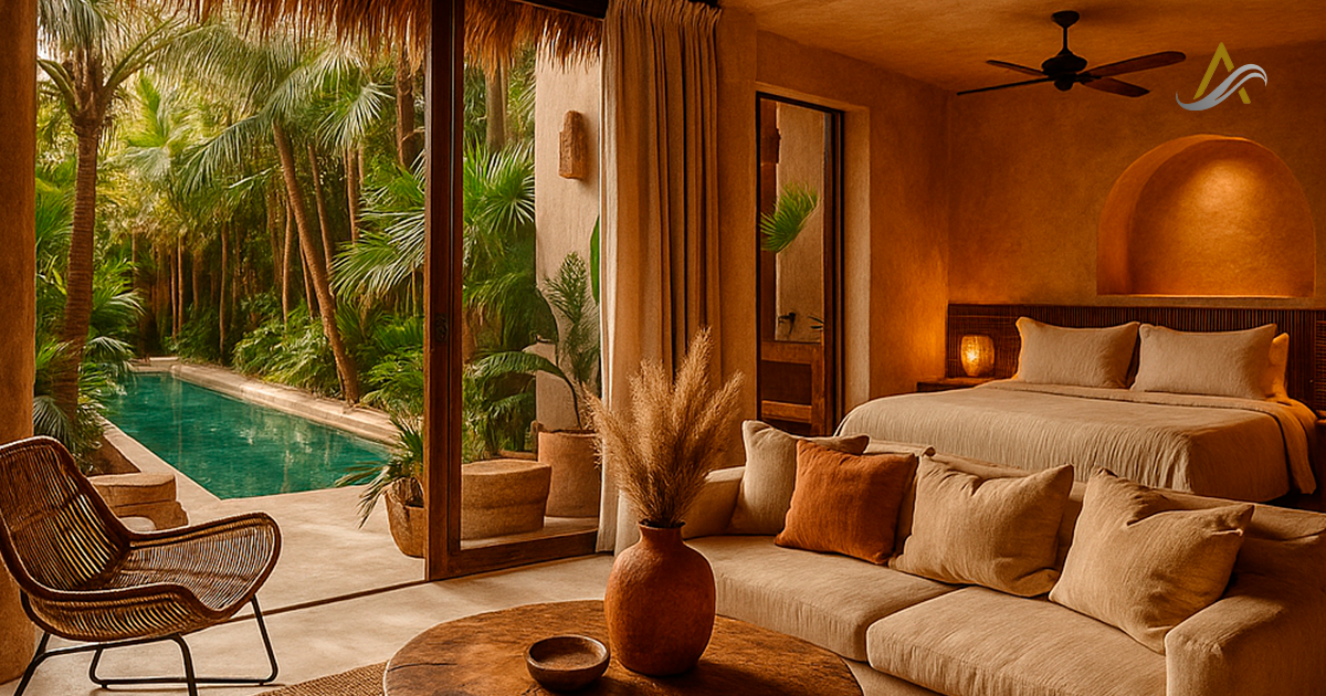Interior de propiedad en renta vacacional decorada con materiales naturales, iluminación cálida y elementos de diseño local.