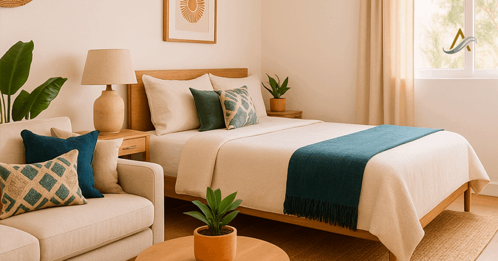 Interior de un departamento remodelado con diseño personalizado, mobiliario funcional y estilo inspirado en el entorno natural, ideal para renta vacacional en la Riviera Maya o San José del Cabo.