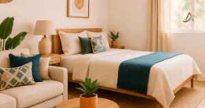 Interior de un departamento remodelado con diseño personalizado, mobiliario funcional y estilo inspirado en el entorno natural, ideal para renta vacacional en la Riviera Maya o San José del Cabo.
