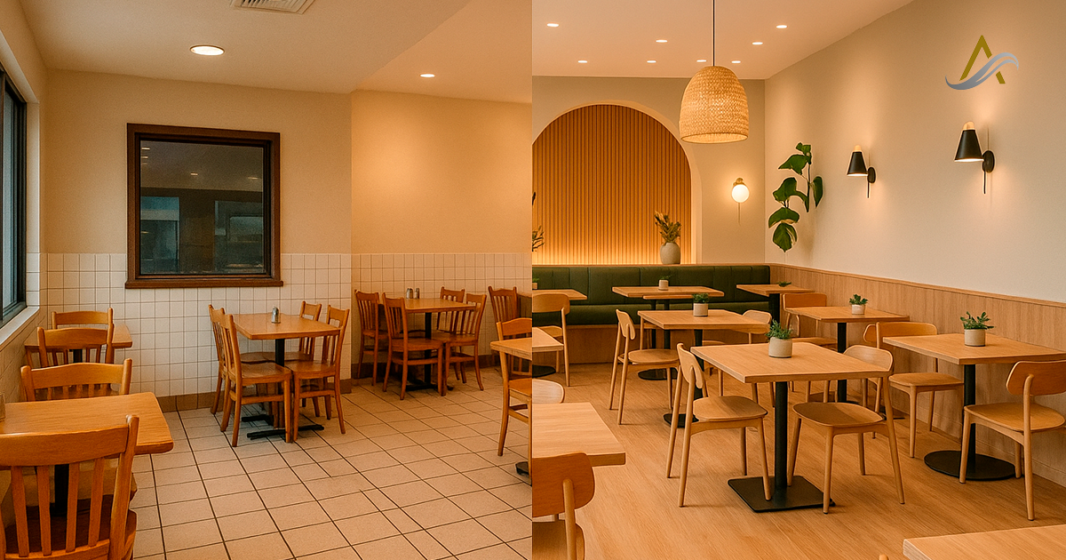 Interior de restaurante remodelado sin cerrar, con clientes siendo atendidos mientras se mejora parte del local.