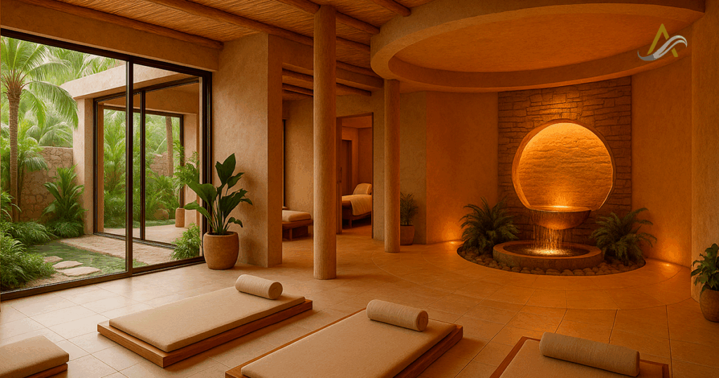 Diseño interior de spa con tonos cálidos, vegetación integrada y mobiliario de madera, que representa las nuevas tendencias wellness 2025.