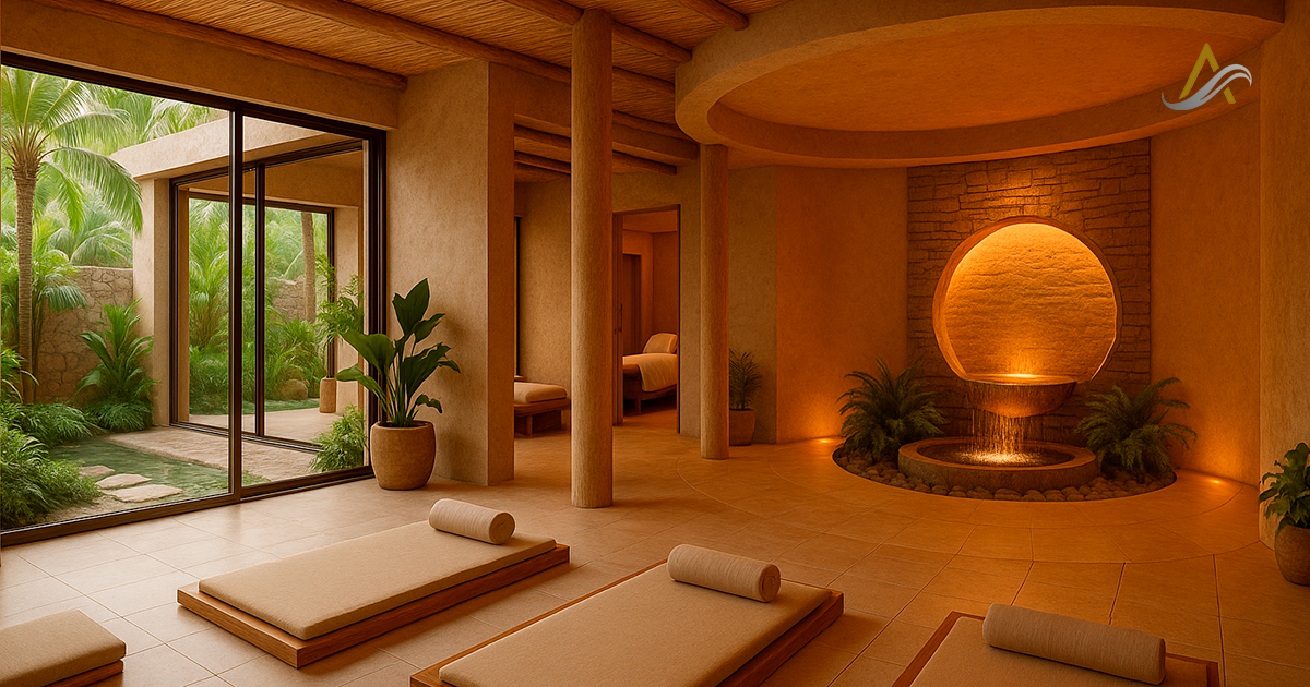 Diseño interior de spa con tonos cálidos, vegetación integrada y mobiliario de madera, que representa las nuevas tendencias wellness 2025.