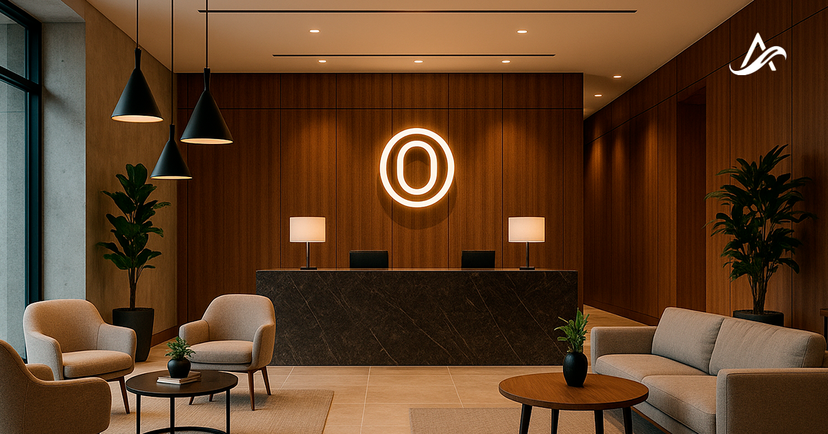 Interior de lobby contemporáneo con mobiliario cómodo, iluminación estratégica y distribución funcional para visitantes y huéspedes.