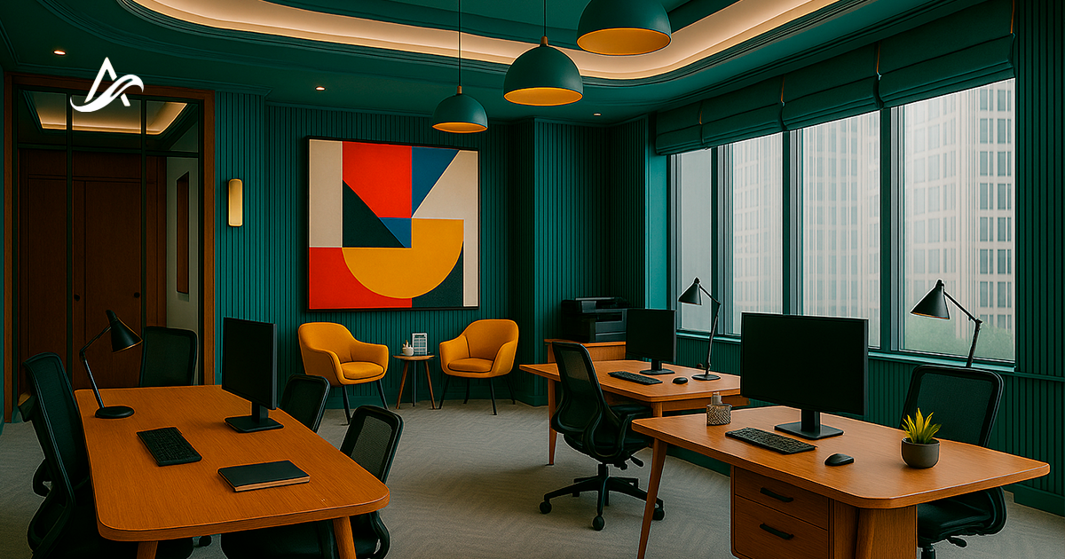 Interior de oficina contemporánea con diseño centrado en productividad, confort y colaboración, con espacios abiertos y elementos ergonómicos.